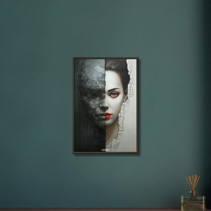 Abstraktes Frauengesicht mit roten Lippen und einer versteinerten hälfte des Gesichts auf einem Poster im Metallrahmen