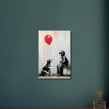 Junge sitzt mit einem Hund und ein roter Luftballon schwebt über dem Hund im Stil von Banksy auf Aluminium