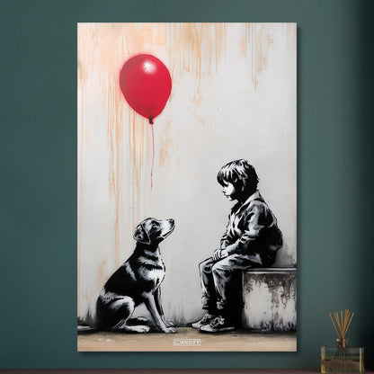 Junge sitzt mit einem Hund und ein roter Luftballon schwebt über dem Hund im Stil von Banksy auf Aluminium