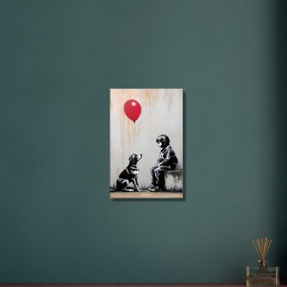 Junge sitzt mit einem Hund und ein roter Luftballon schwebt über dem Hund im Stil von Banksy auf einer Leinwand
