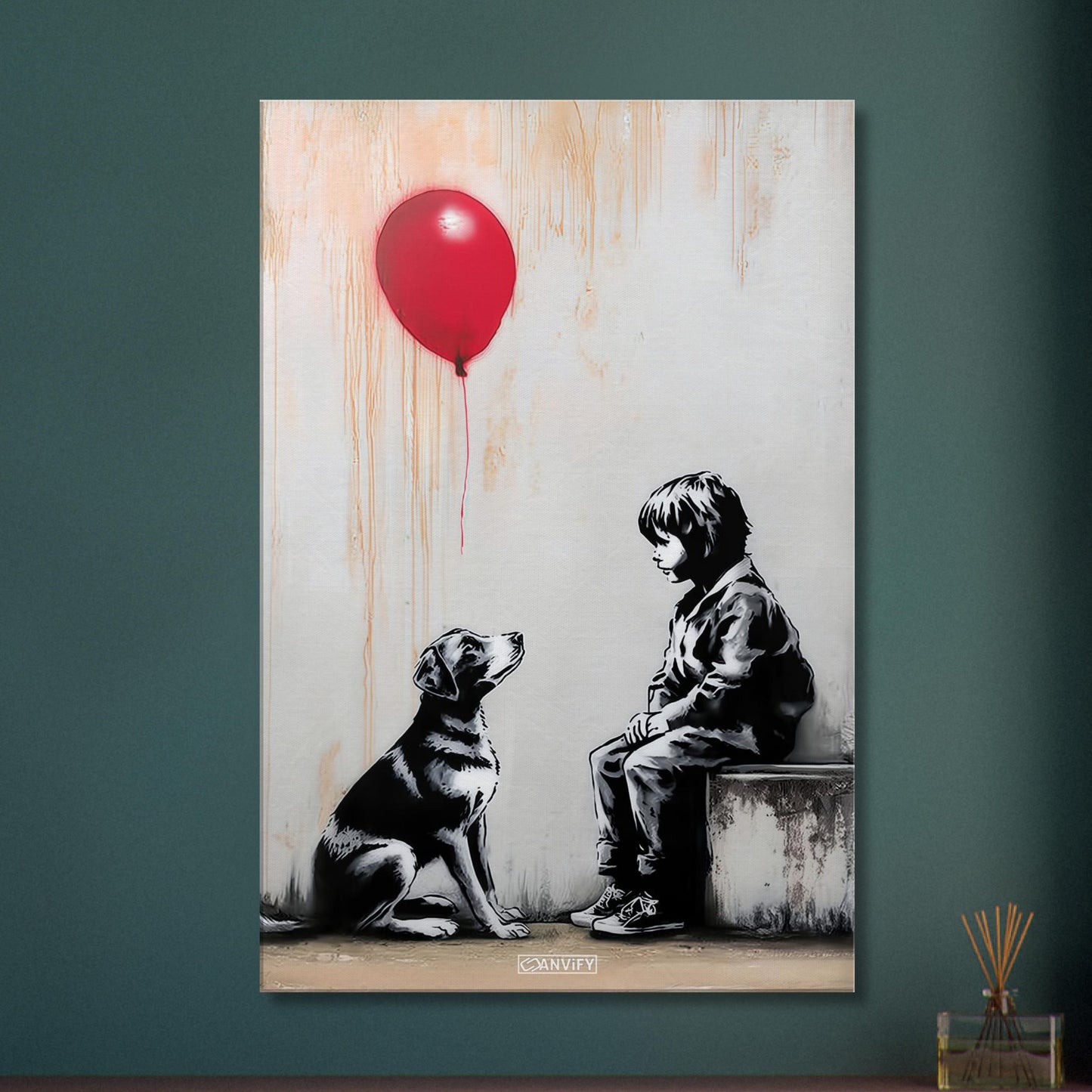 Junge sitzt mit einem Hund und ein roter Luftballon schwebt über dem Hund im Stil von Banksy auf einer Leinwand