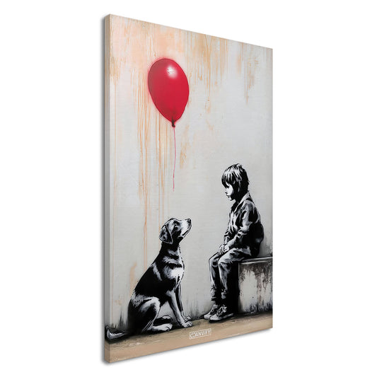 Junge sitzt mit einem Hund und ein roter Luftballon schwebt über dem Hund im Stil von Banksy auf einer Leinwand