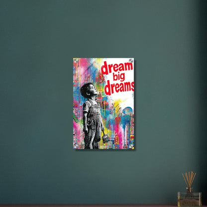 Junge im bunten Banksy Pop Art Stil und dem Spruch "Träume große Träume" auf einem Acrylbild