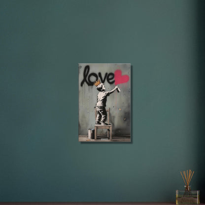 Junge mit Krone im Banksy Stil malt LOVE mit einem roten Herz auf die Wand auf einer Leinwand