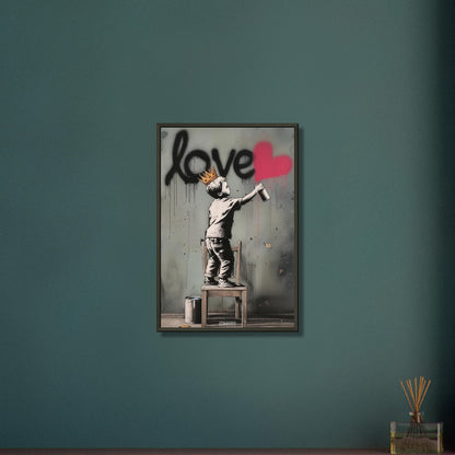 Junge mit Krone im Banksy Stil malt LOVE mit einem roten Herz auf die Wand auf einem Poster im Metallrahmen