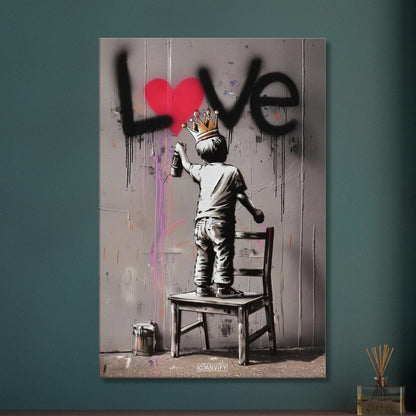 Junge mit Krone im Banksy Stil malt LOVE mit einem roten Herzen an die Wand auf einer Leinwand