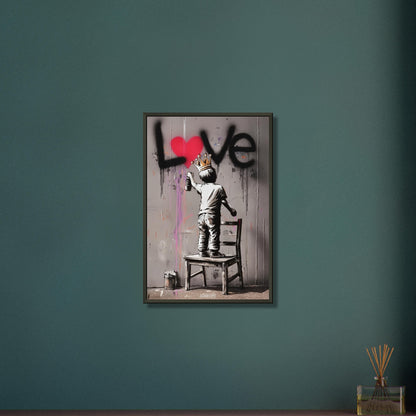 Junge mit Krone im Banksy Stil malt LOVE mit einem roten Herzen an die Wand auf einem Poster im Metallrahmen