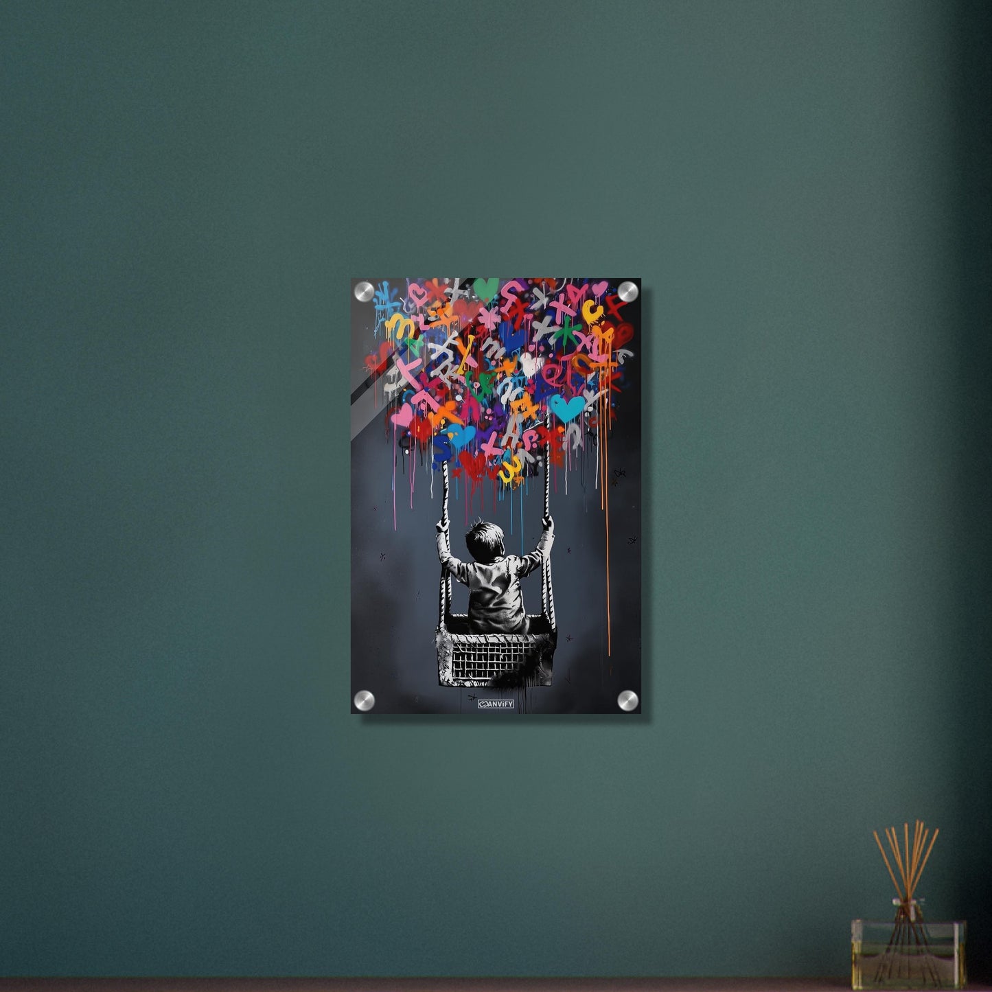 Junge fliegt im bunten Heißluftballon im Stil von Banksy auf einem Acrylbild