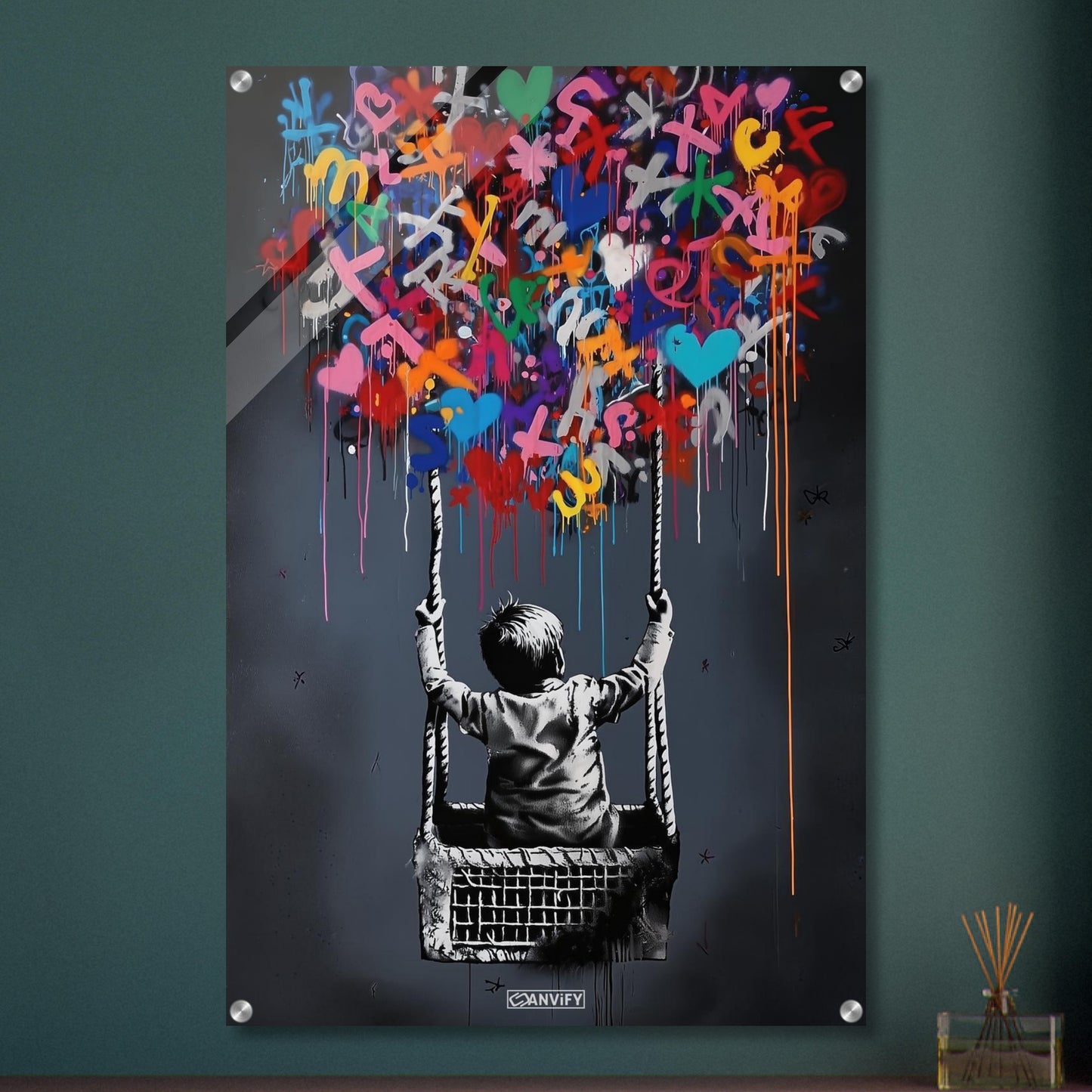 Junge fliegt im bunten Heißluftballon im Stil von Banksy auf einem Acrylbild