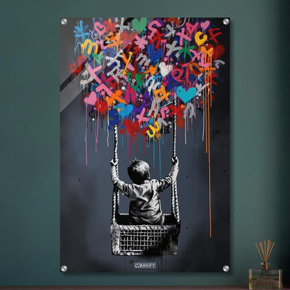 Junge fliegt im bunten Heißluftballon im Stil von Banksy auf einem Acrylbild