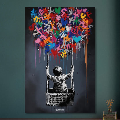 Junge fliegt im bunten Heißluftballon im Stil von Banksy auf Aluminium