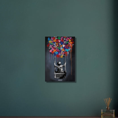 Junge fliegt im bunten Heißluftballon im Stil von Banksy auf einer Leinwand