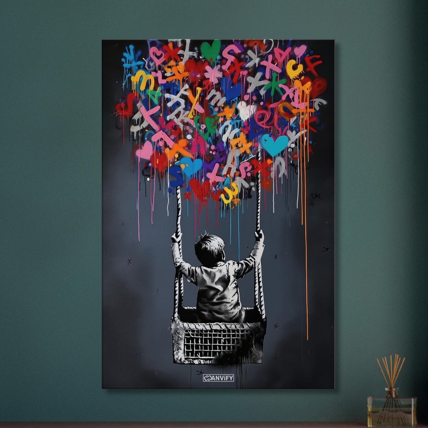 Junge fliegt im bunten Heißluftballon im Stil von Banksy auf einer Leinwand