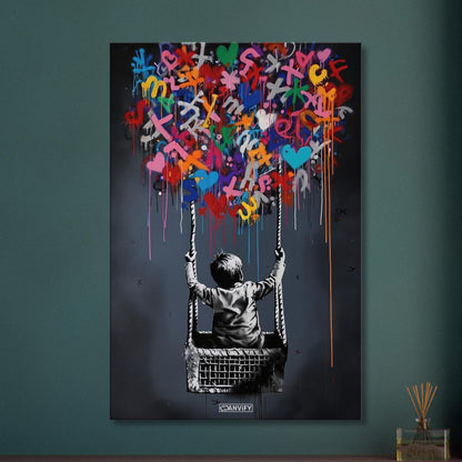 Junge fliegt im bunten Heißluftballon im Stil von Banksy auf einer Leinwand