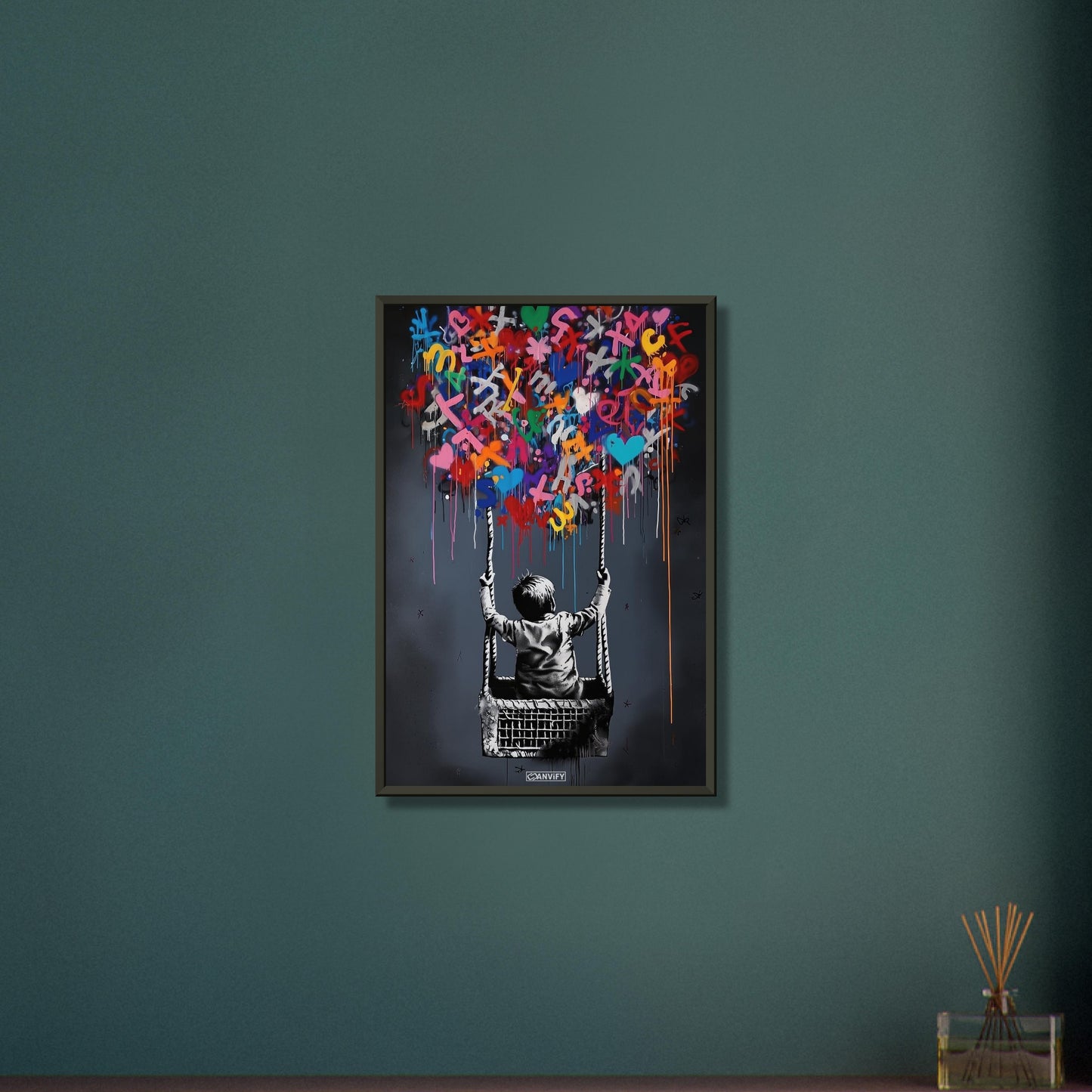 Junge fliegt im bunten Heißluftballon im Stil von Banksy auf einem Poster im Metallrahmen