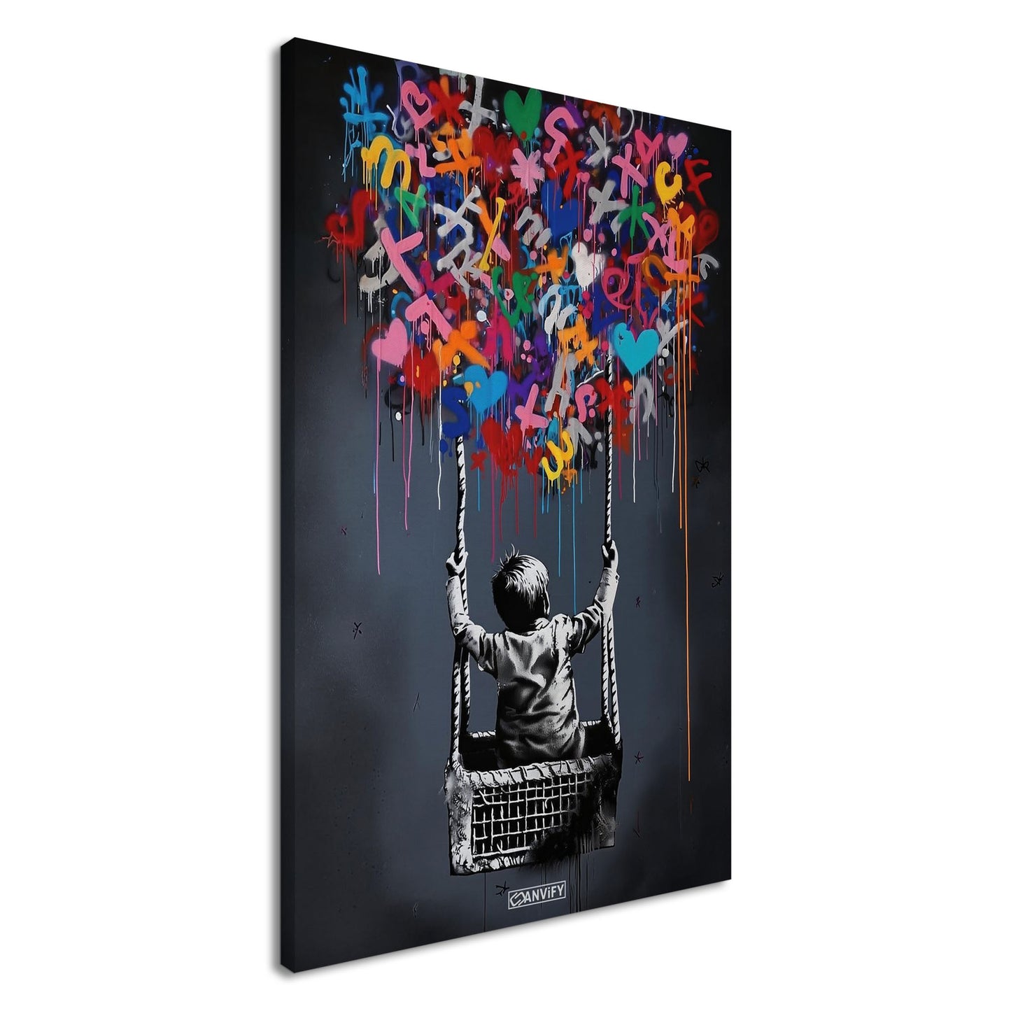 Junge fliegt im bunten Heißluftballon im Stil von Banksy auf einer Leinwand