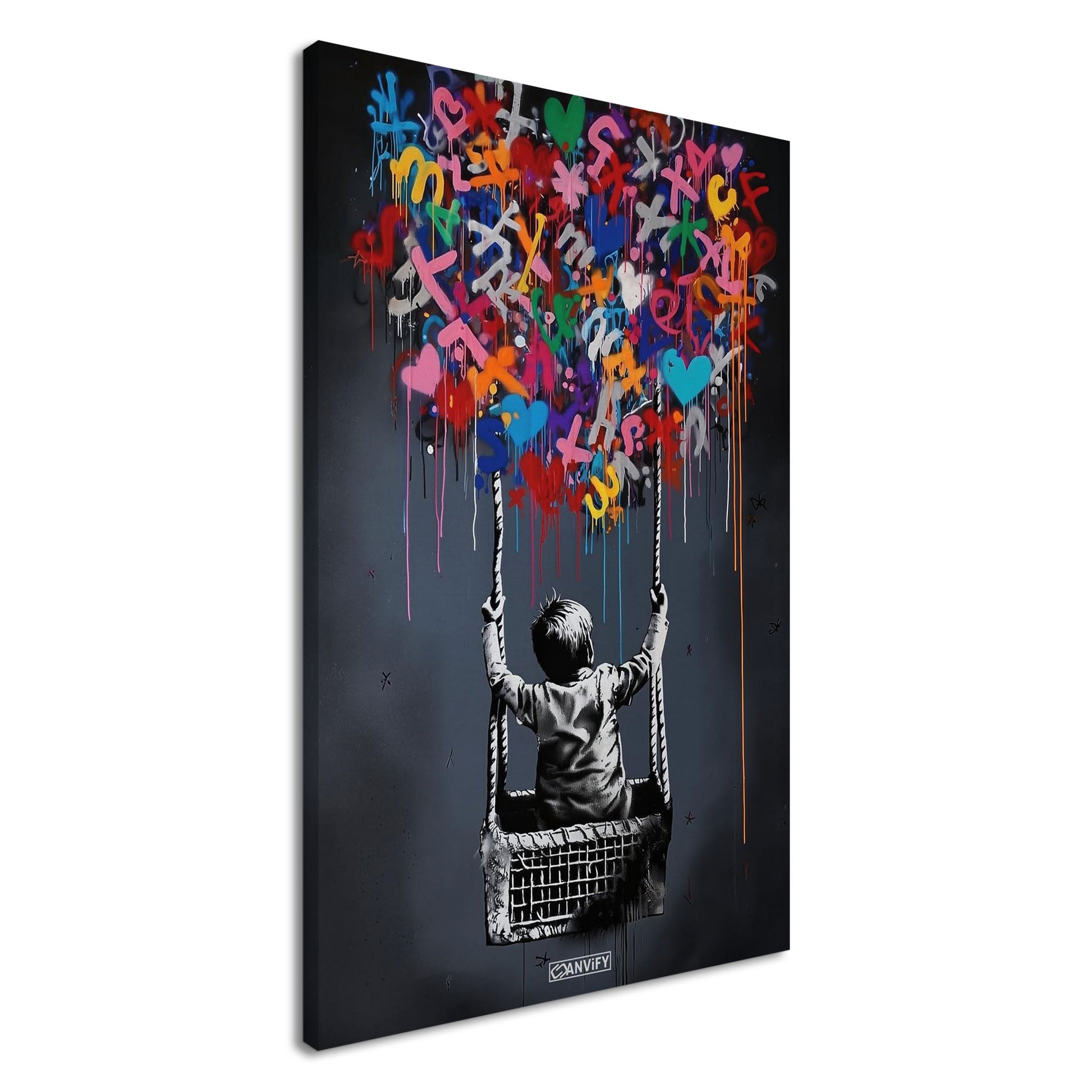 Junge fliegt im bunten Heißluftballon im Stil von Banksy auf einer Leinwand