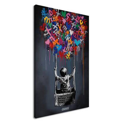 Junge fliegt im bunten Heißluftballon im Stil von Banksy auf einer Leinwand