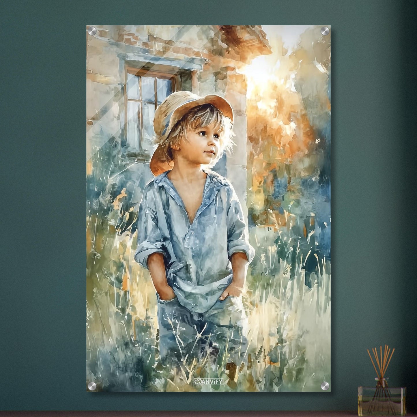 Junge mit Strohhut im Weizenfeld bei Sonnenuntergang vor dem Haus auf einem Acrylbild