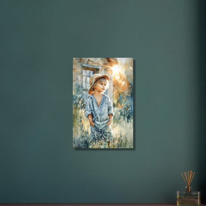 Junge mit Strohhut im Weizenfeld bei Sonnenuntergang vor dem Haus auf Aluminium