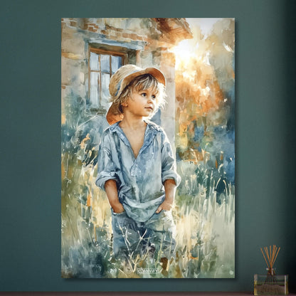 Junge mit Strohhut im Weizenfeld bei Sonnenuntergang vor dem Haus auf Aluminium