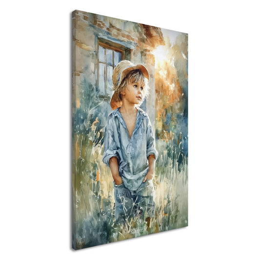 Junge mit Strohhut im Weizenfeld bei Sonnenuntergang vor dem Haus auf einer Leinwand