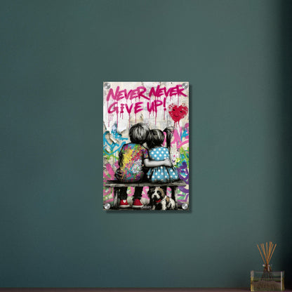 Junge und Mädchen auf einer Sitzbank mit einem Hund, Herzluftballon und einem Spruch "Never Give Up!" auf einem Acrylbild
