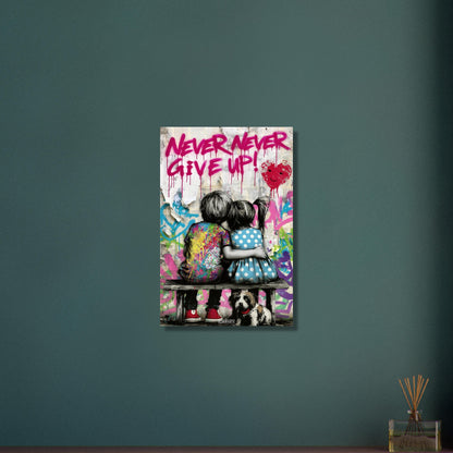 Junge und Mädchen auf einer Sitzbank mit einem Hund, Herzluftballon und einem Spruch "Never Give Up!" auf Aluminium
