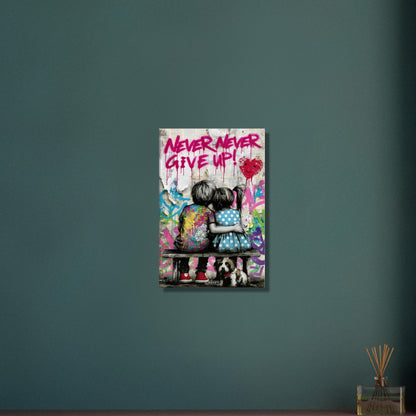 Junge und Mädchen auf einer Sitzbank mit einem Hund, Herzluftballon und einem Spruch "Never Give Up!" auf einer Leinwand