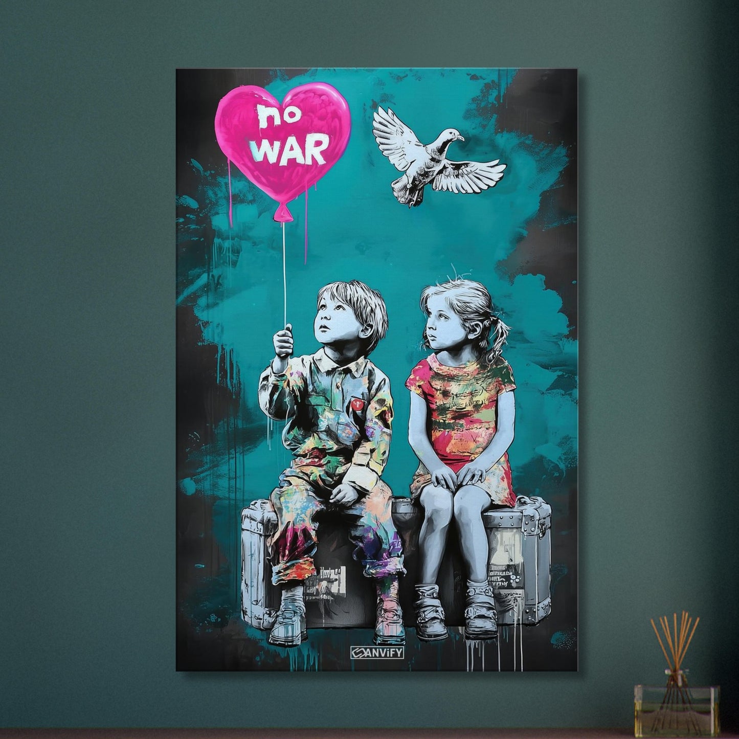 Junge und Mädchen sitzend auf einem Koffer mit einer Friedenstaube und einem Herzluftballon im Stil von Banksy auf einer Leinwand