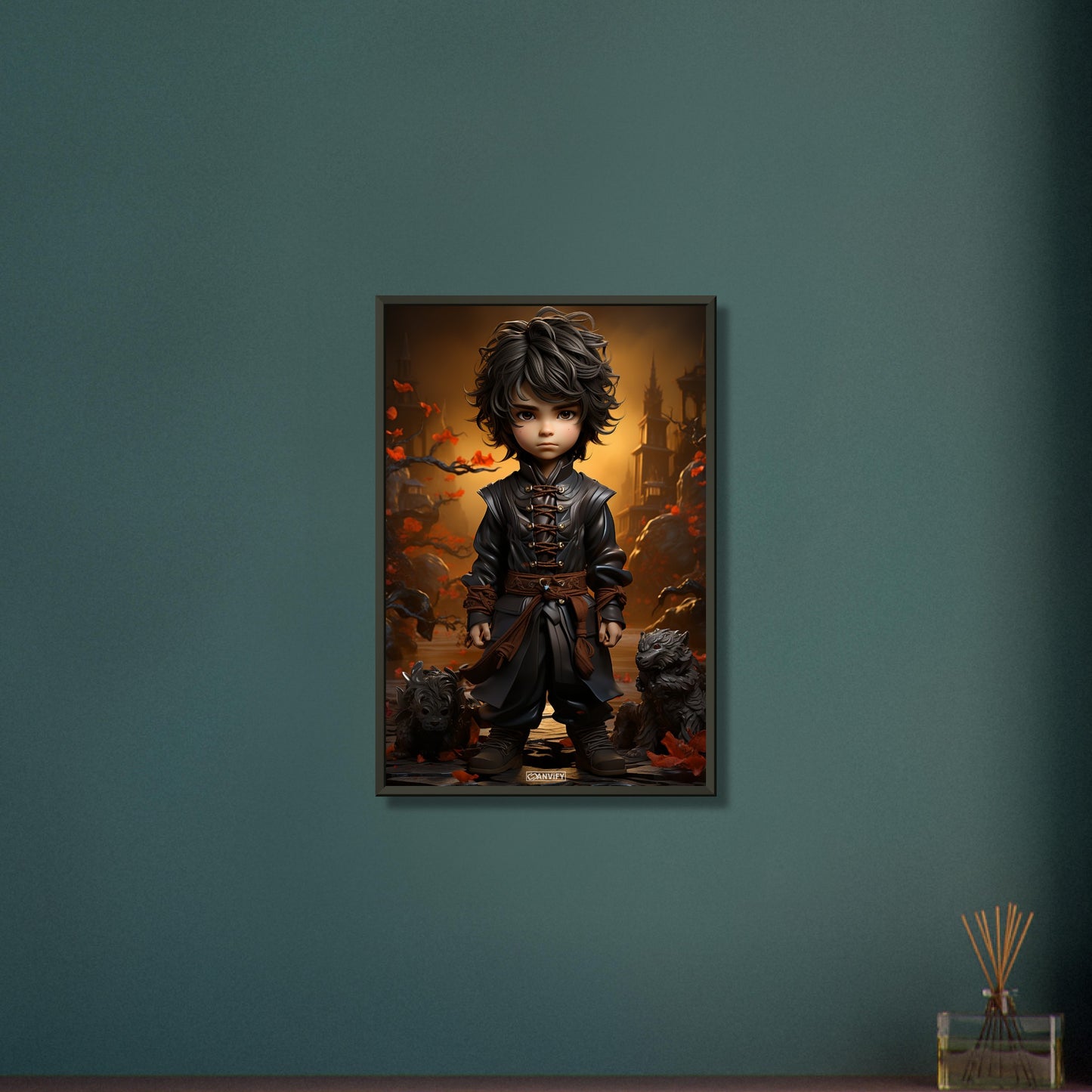 Junger Karatekämpfer mit braunem Gürtel und Anzug auf einem Poster im Metallrahmen